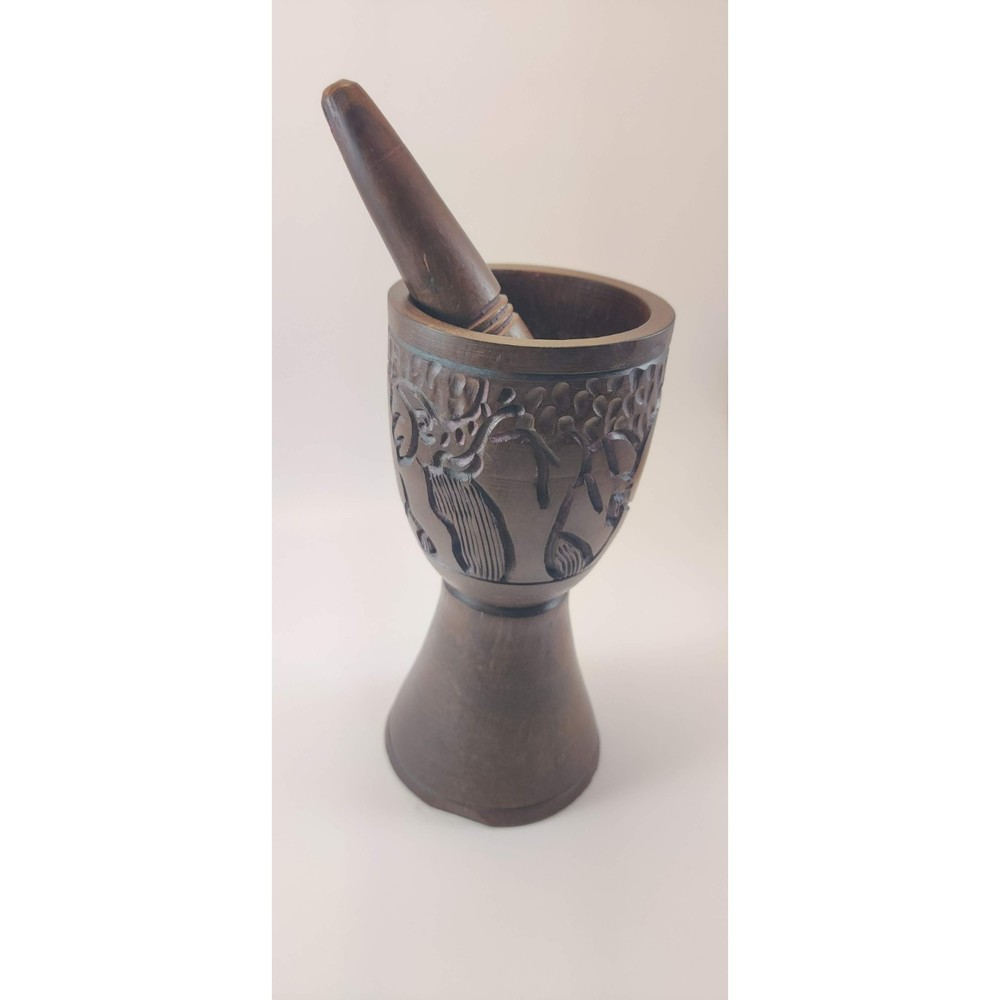 Wood Hand Carved African Mortar and Pestle with Elephant Design